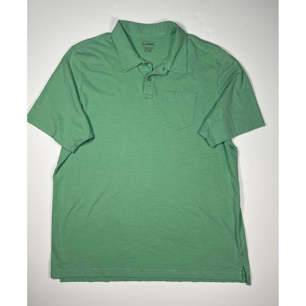 L.L.Bean Polo Shirt Mens XL Tall Green Organic 100% Cotton Slub Pocket Casual